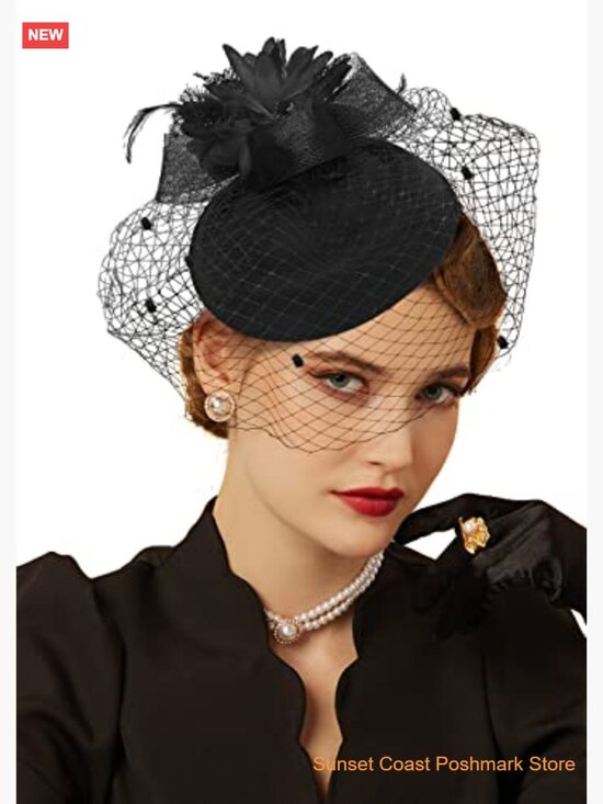 Vintage Pillbox Fascinator Hat with Gloves & Necklace for Derby Wedding Tea main image 5